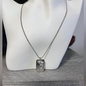 Vintage Silver toned metal dolphin tag Necklace with aquamarine crystal